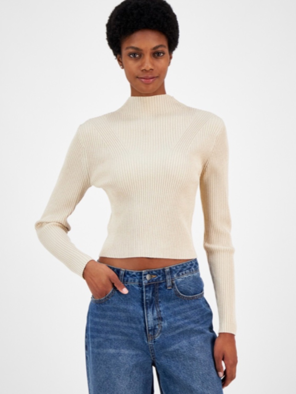 Madden Girl Juniors' Metallic Ribbed Mock-Neck Sweater - Irish Cream SIZE M NWT
